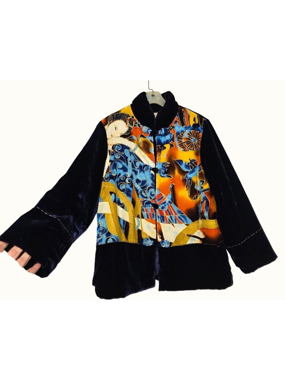 Vintage 90s Blue Silk Velvet Jacket Womens L Asian Art Face Print Frog Closure